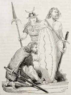 Ilustração de 3 guerreiros gauleses com espadas e escudo.
