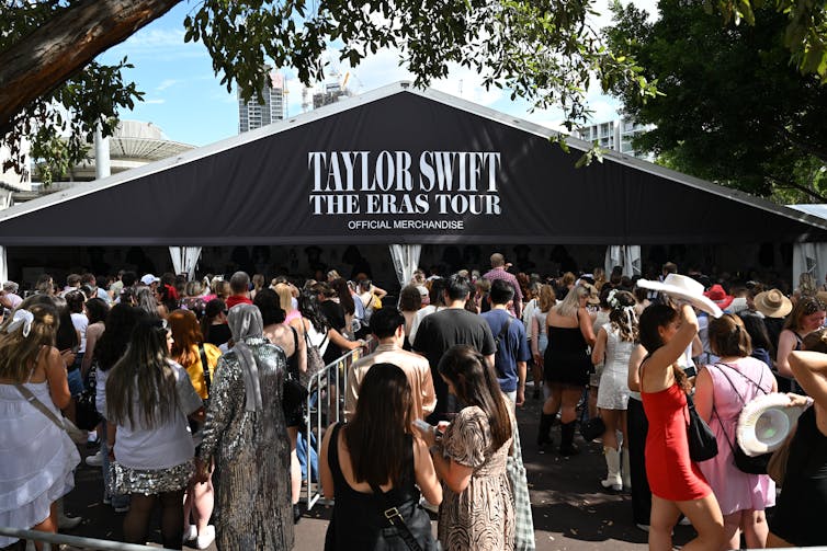 Concertgoers wait in line to get their tickets scanned.