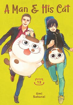 A drawing of people running, one holding a large cat.