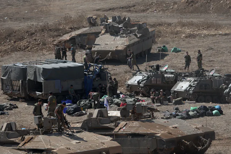 Israeli tanks, troops and other military equipment being readied for a possible invasion of Lebanon, September 30 2024.
