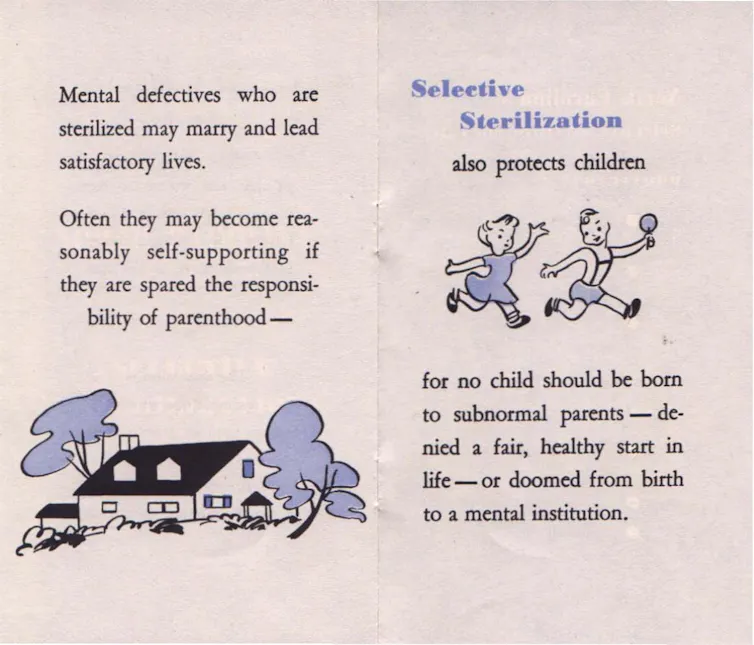 A 1950s era pamphlet that reads: The average feebleminded parent cannot be expected to provide good heredity, a normal home, intelligent care - to say nothing of the many other things needed to bring up children successfully.