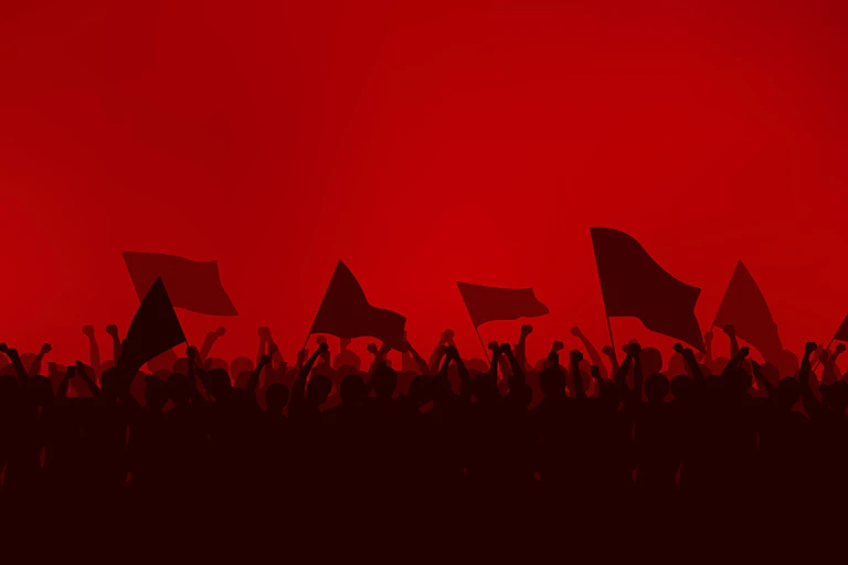 An illustration of a crowd waving flags against a red sky.
