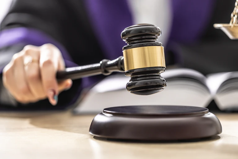 A person holds a gavel near a large book.