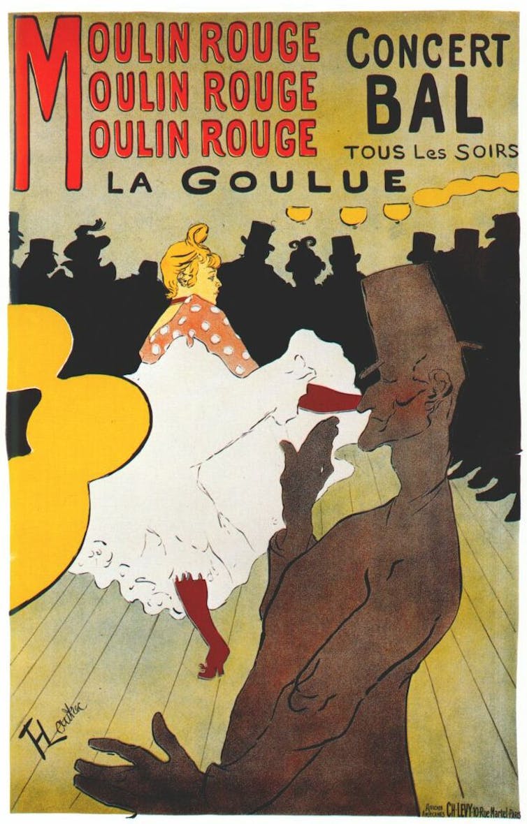 historical drawn poster shows dancer in white skirts and man in top hat
