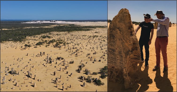 Aerial photo of a landscape and another pic of two people standing next to a rocky pinnacle.