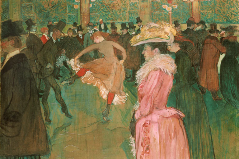 artwork depicts woman dancing in red tights and white skirts