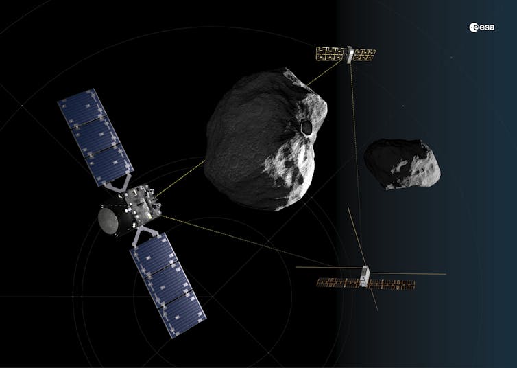 The Hera probe and the two mini-satellites around Dimorphos