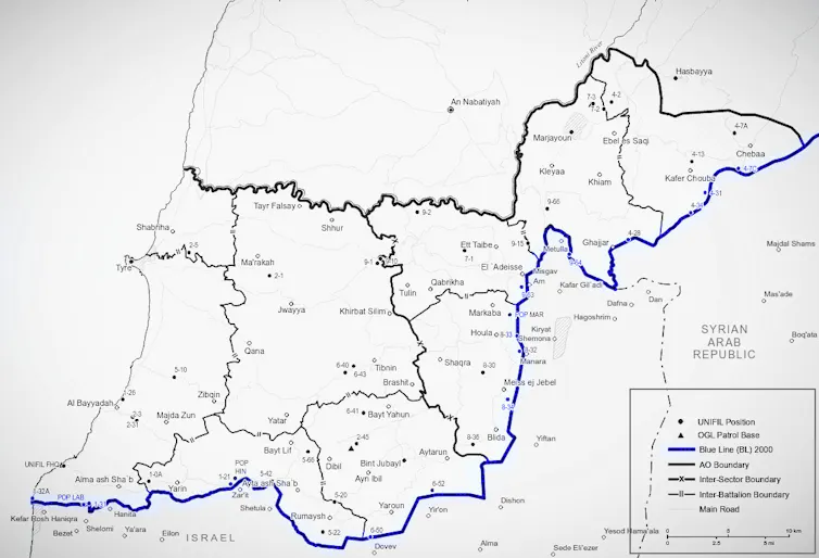 Mapa del sur de Líbano, con el río Líbano y el río Azul