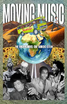 A book cover showing an illustration of a bus on a globe, below it black and white images of famous musicians form a montage.