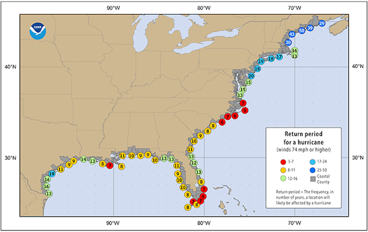 Map of the U.S. Atlantic Coast with hurricane return periods ranging from five to 50 years.