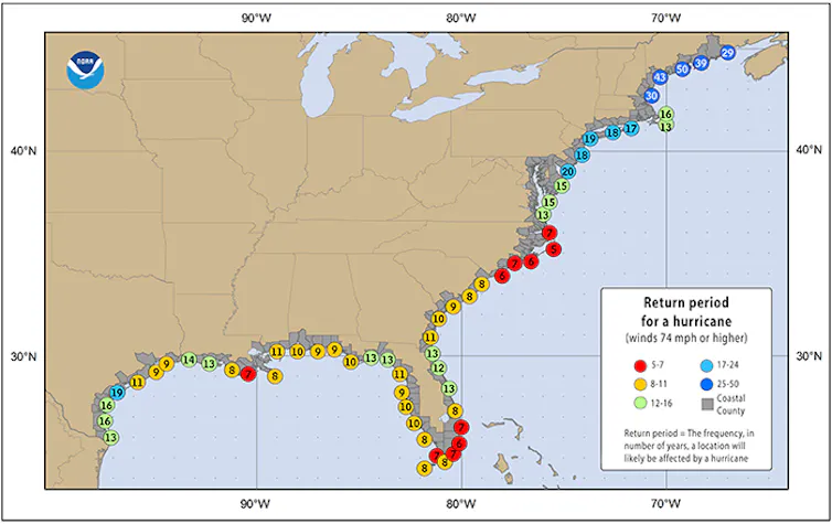 Map of the U.S. Atlantic Coast with hurricane return periods ranging from five to 50 years.