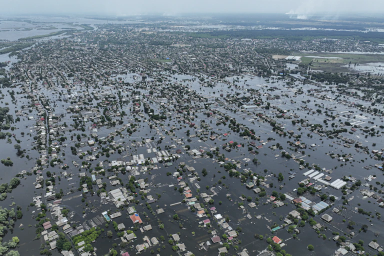 Aerial view of flooded houses