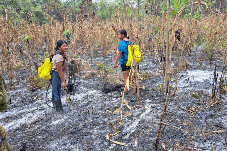 Two youths stand in a partially burned farm field.