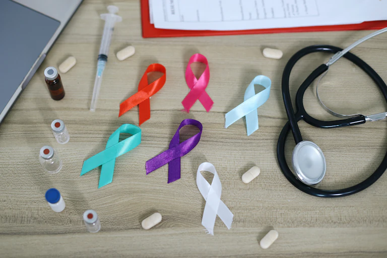 Awareness day ribbons in different colours with drugs and a stethoscope