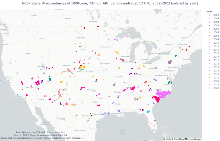 U.S. map with locations of heavy rain events, including a large cluster in the Carolinas.