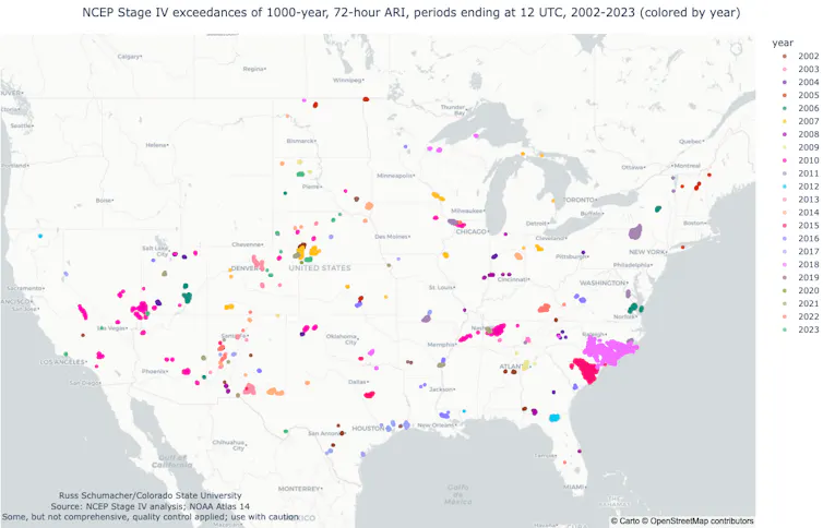 U.S. map with locations of heavy rain events, including a large cluster in the Carolinas.