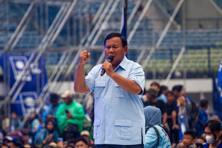 President-elect Prabowo Subianto speaks at a political rally.