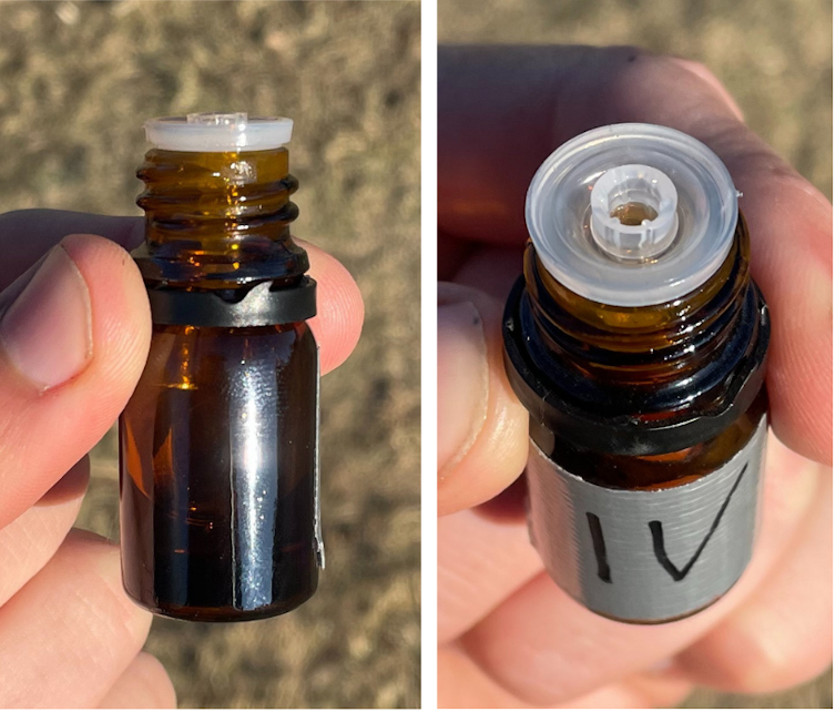 Two images side by side showing a small glass vial used to contain 1mL of the scented mixture