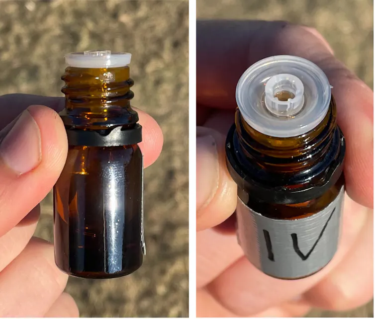 Two images side by side showing a small glass vial used to contain 1mL of the scented mixture