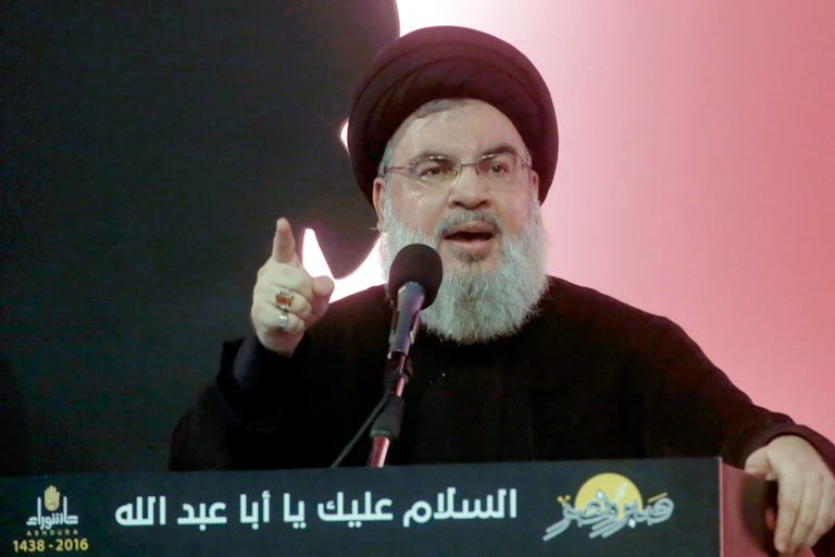 Hezbollah chief Hassan Nasrallah addresses supporters, October 2016.