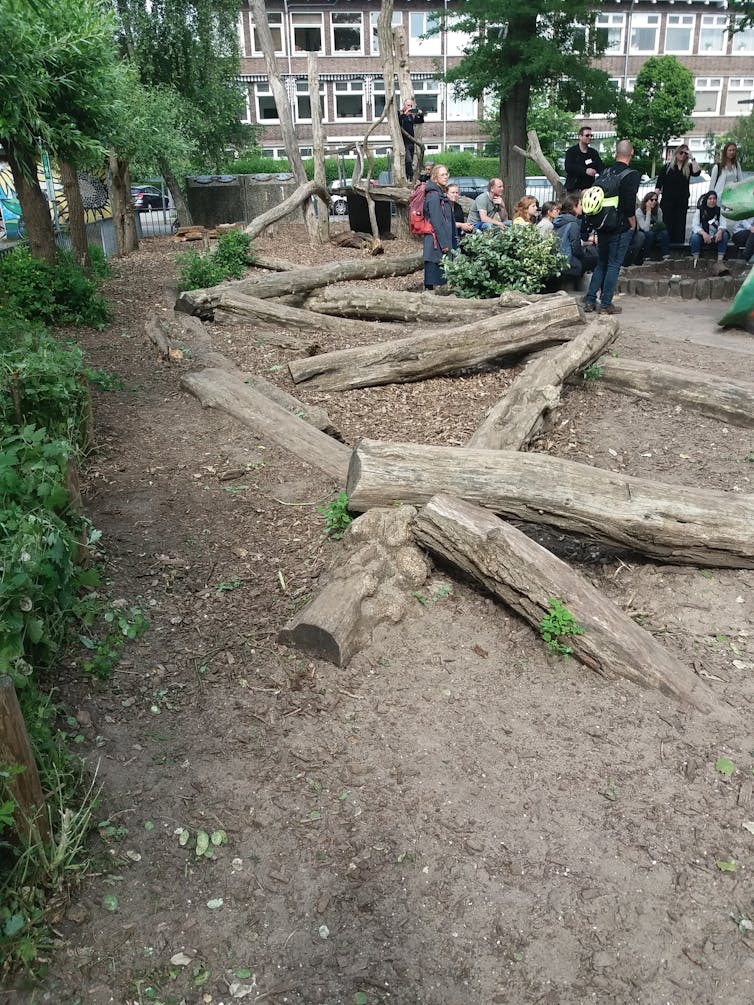 Varios troncos semienterrados y desordenados aportan una experiencia más cercana a la naturaleza.