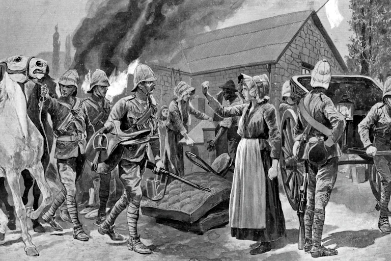 A black and white vintage illustration from 1900 shows a burning farmhouse, in the foreground a woman raises a fist at a soldier in uniform holding a gun.