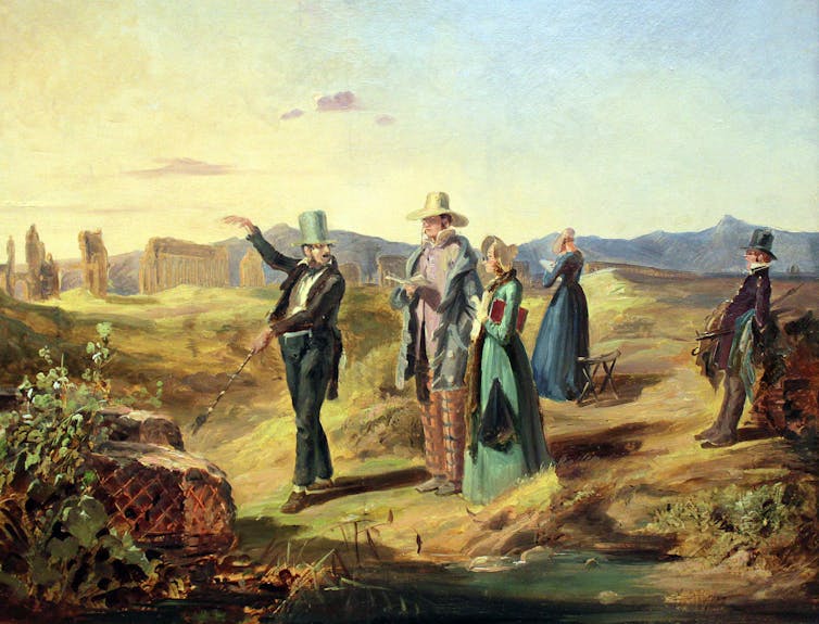 painting of tourists reading from a book and talking to a local man who is pointing into the distance