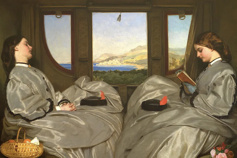 Two women in a train with a beautiful scene out the window. One reads a book.