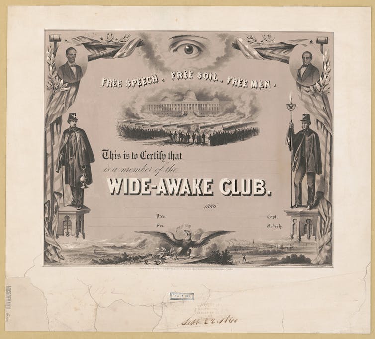 An illustrated document in black and white that says 'WIDE AWAKE CLUB' and whose central image shows crowds and troops before the U.S. Capitol.
