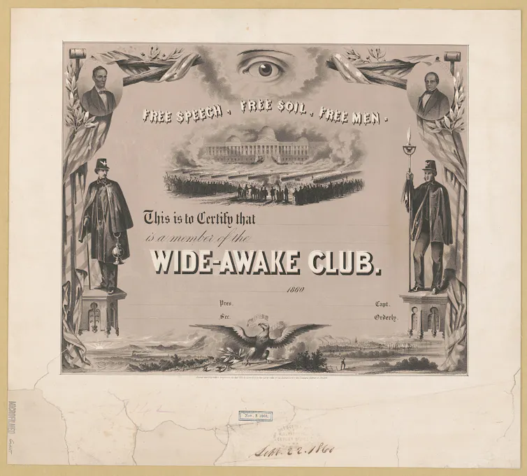 An illustrated document in black and white that says 'WIDE AWAKE CLUB' and whose central image shows crowds and troops before the U.S. Capitol.