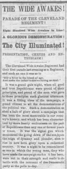 A newspaper clipping from 1860 about a parade by the Wide Awakes in Cleveland, Ohio.