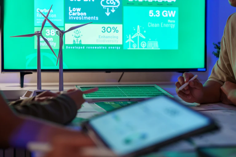 A computer screen reading "low-carbon investments" juxtaposed with model windmills.