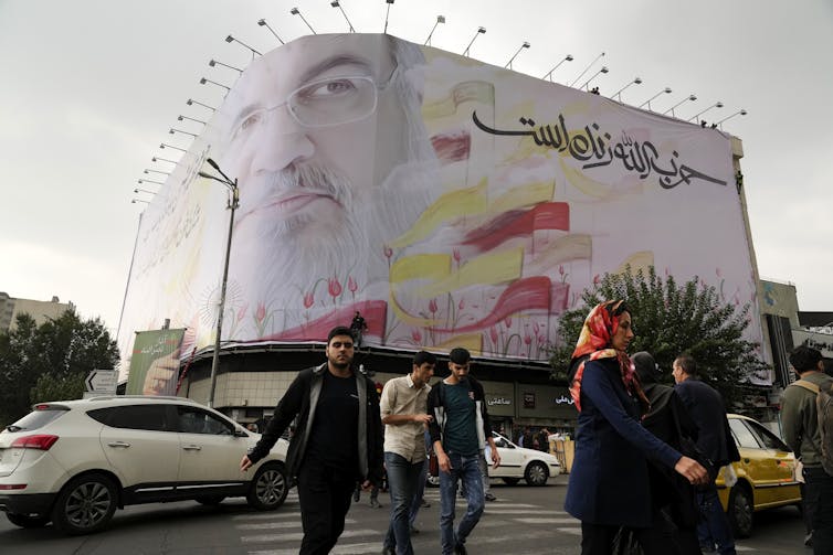 A portrait of slain Hezbollah leader Hassan Nasrallah in Tehran.