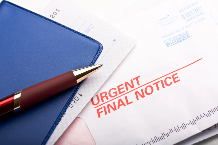 Close up of check book over a business mail labeled 'Urgent final notice'
