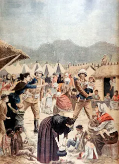 A historical illustration of a settlement of tents with many people, a woman reaches for a baby that it being taken away be an a uniformed soldier.