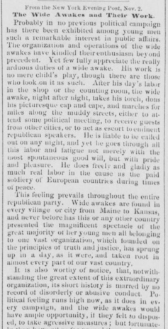 A story from the Worcester Daily Spy in Massachusetts, Nov. 5, 1860, reprinted from a New York newspaper, about the work of the Wide Awakes.