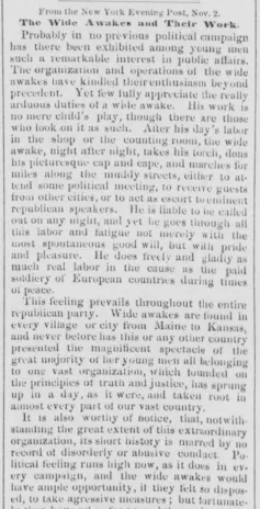 A story from the Worcester Daily Spy in Massachusetts, Nov. 5, 1860, reprinted from a New York newspaper, about the work of the Wide Awakes.