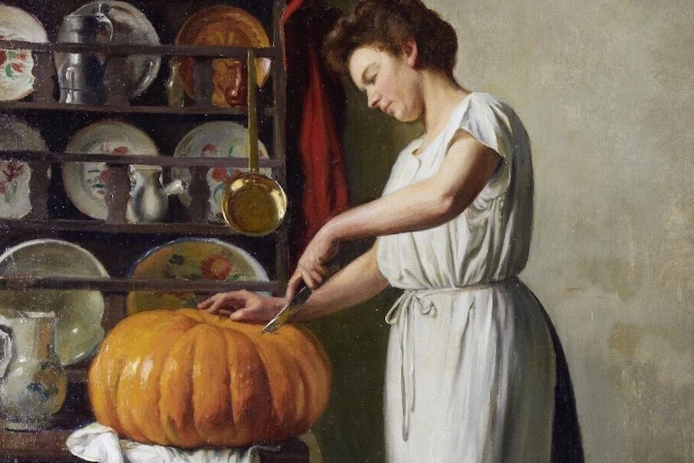 Painting of a Victorian woman carving a pumpkin