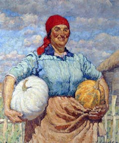 Impressionist painting of a farmer woman holding two pumpkins
