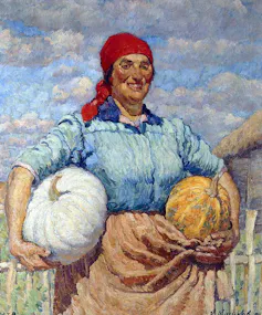 Impressionist painting of a farmer woman holding two pumpkins