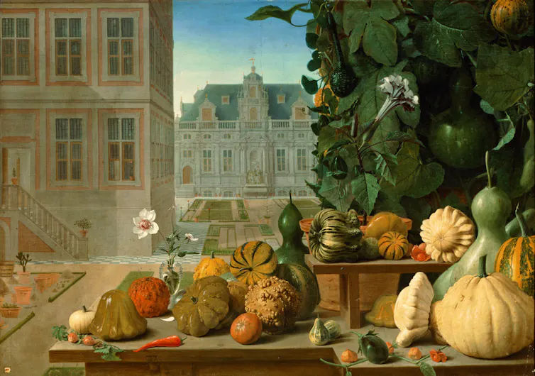 A still life showing many varieties of pumpkin