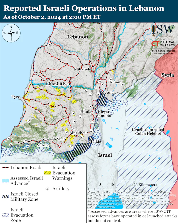 ISW map showing the state of the conflict in southern Lebanon.