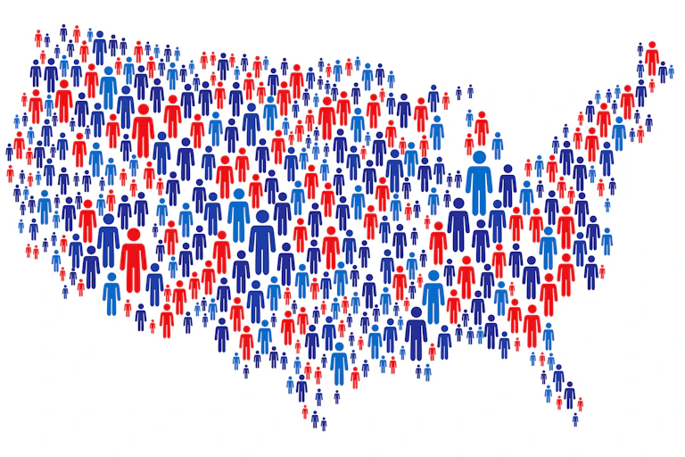 Stick figures of various sizes and hues of red and blue are configured to form the shape of the continental United States.