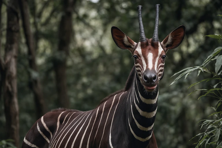 Un okapi debout face à un appareil-photo