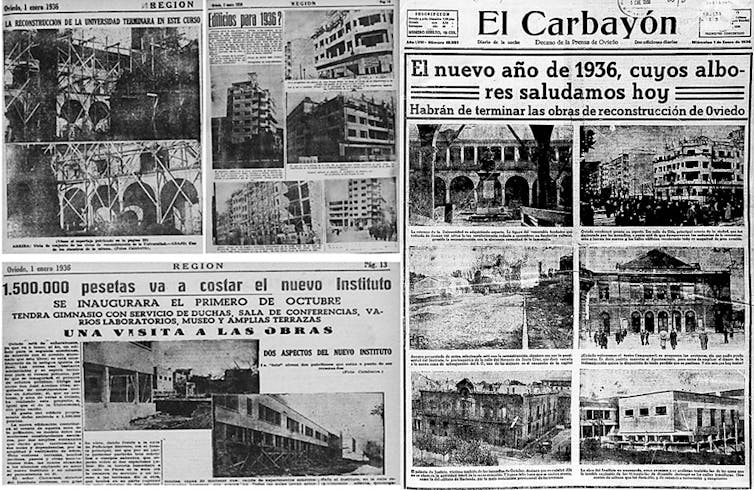 Collage de recortes de _Región_ y _El Carbayón_ de inicios de 1936.