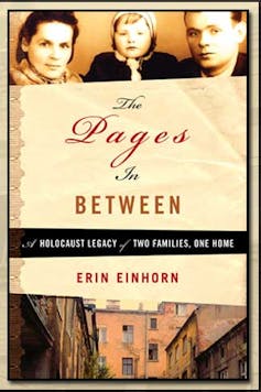 Faces on a book cover, people above a courtyard.