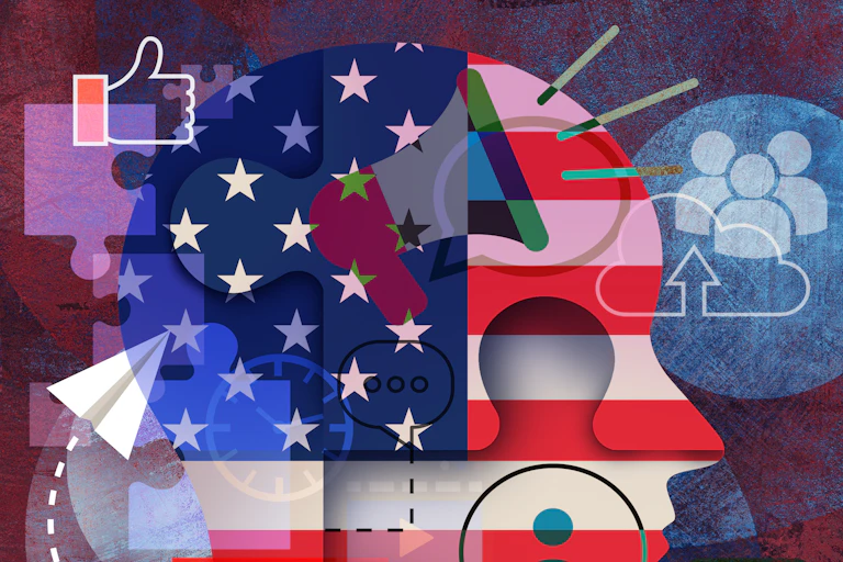 US flag inside a stylized silhouette of a human head, overlaid by numerous icons and symbols