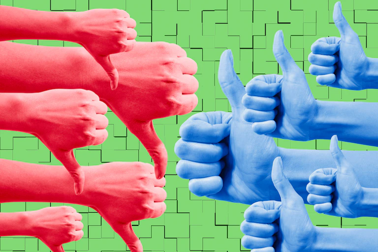 Five red hands with thumbs pointed down and five blue hands with thumbs pointed up in front of bright green background