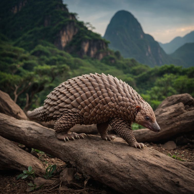 Un pangolin en marche sur un tronc d’arbre