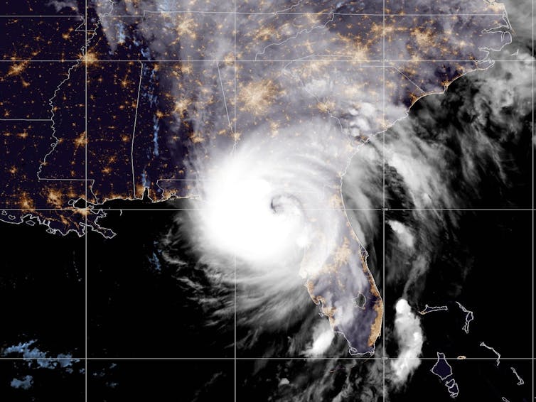 Satellite view of Hurricane Helene as it made landfall near Perry, Fla., on Sept. 26, 2024
